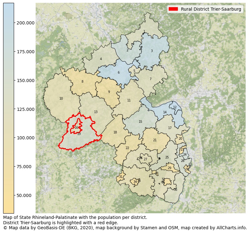 Map of State Rhineland-Palatinate with the population per district.District Trier-Saarburg is highlighted with a red edge.. This page shows a lot of information about residents (such as the distribution by age groups, family composition, gender, native or German with an immigration background, ...), homes (numbers, types, price development, use, type of property, ...) and more (car ownership, energy consumption, ...) based on open data from the German Federal Agency for Cartography, the Federal Statistical Office (DESTATIS), the Regional Statistical Offices and various other sources!
