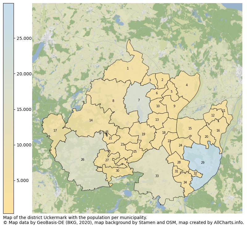 Map of the district Uckermark with the population per municipality.. This page shows a lot of information about residents (such as the distribution by age groups, family composition, gender, native or German with an immigration background, ...), homes (numbers, types, price development, use, type of property, ...) and more (car ownership, energy consumption, ...) based on open data from the German Federal Agency for Cartography, the Federal Statistical Office (DESTATIS), the Regional Statistical Offices and various other sources!