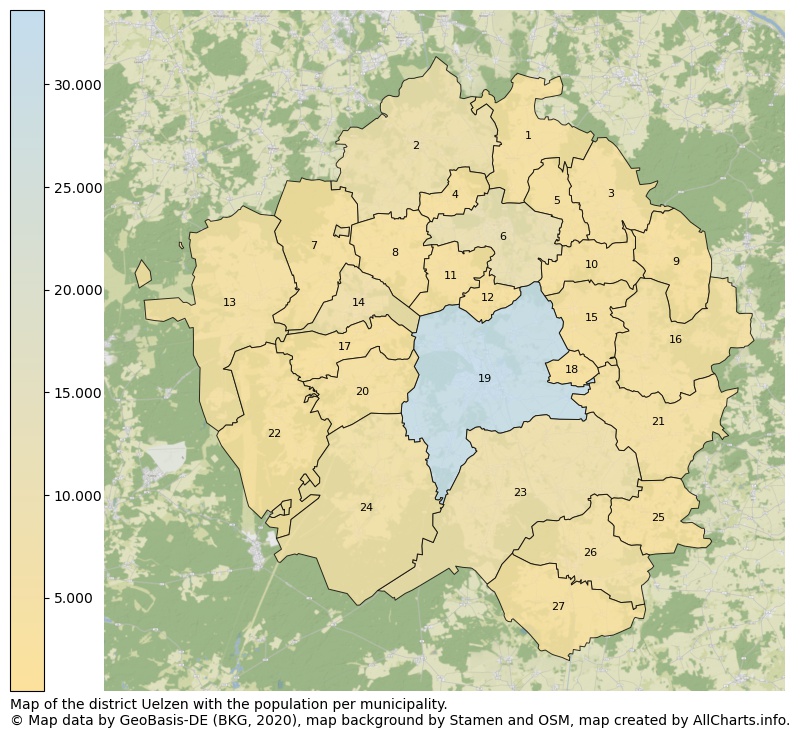 Map of the district Uelzen with the population per municipality.. This page shows a lot of information about residents (such as the distribution by age groups, family composition, gender, native or German with an immigration background, ...), homes (numbers, types, price development, use, type of property, ...) and more (car ownership, energy consumption, ...) based on open data from the German Federal Agency for Cartography, the Federal Statistical Office (DESTATIS), the Regional Statistical Offices and various other sources!