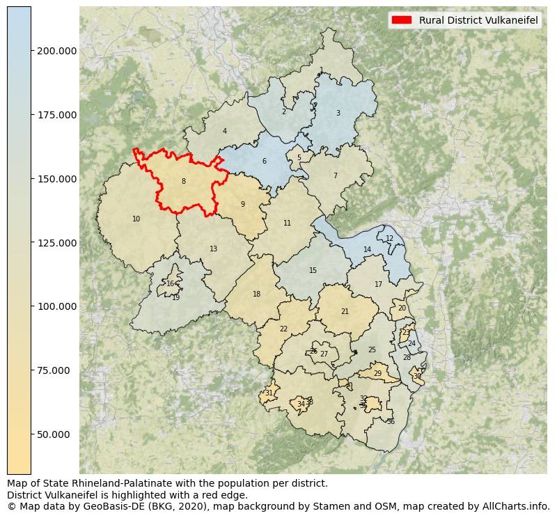 Map of State Rhineland-Palatinate with the population per district.District Vulkaneifel is highlighted with a red edge.. This page shows a lot of information about residents (such as the distribution by age groups, family composition, gender, native or German with an immigration background, ...), homes (numbers, types, price development, use, type of property, ...) and more (car ownership, energy consumption, ...) based on open data from the German Federal Agency for Cartography, the Federal Statistical Office (DESTATIS), the Regional Statistical Offices and various other sources!