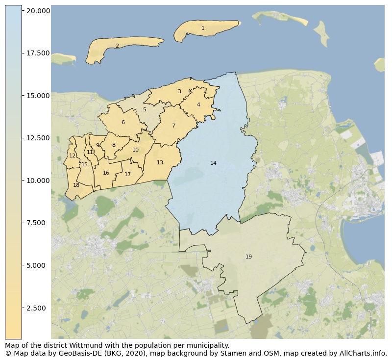 Map of the district Wittmund with the population per municipality.. This page shows a lot of information about residents (such as the distribution by age groups, family composition, gender, native or German with an immigration background, ...), homes (numbers, types, price development, use, type of property, ...) and more (car ownership, energy consumption, ...) based on open data from the German Federal Agency for Cartography, the Federal Statistical Office (DESTATIS), the Regional Statistical Offices and various other sources!