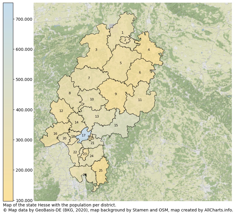 Map of the state Hesse with the population per district.. This page shows a lot of information about residents (such as the distribution by age groups, family composition, gender, native or German with an immigration background, ...), homes (numbers, types, price development, use, type of property, ...) and more (car ownership, energy consumption, ...) based on open data from the German Federal Agency for Cartography, the Federal Statistical Office (DESTATIS), the Regional Statistical Offices and various other sources!