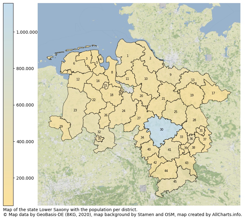 Map of the state Lower Saxony with the population per district.. This page shows a lot of information about residents (such as the distribution by age groups, family composition, gender, native or German with an immigration background, ...), homes (numbers, types, price development, use, type of property, ...) and more (car ownership, energy consumption, ...) based on open data from the German Federal Agency for Cartography, the Federal Statistical Office (DESTATIS), the Regional Statistical Offices and various other sources!
