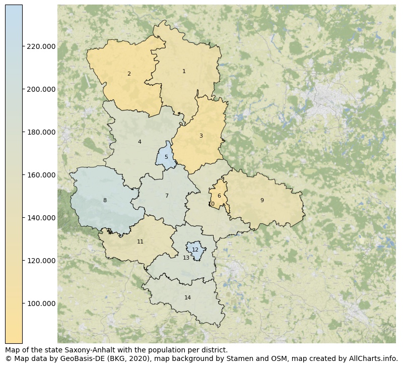 Map of the state Saxony-Anhalt with the population per district.. This page shows a lot of information about residents (such as the distribution by age groups, family composition, gender, native or German with an immigration background, ...), homes (numbers, types, price development, use, type of property, ...) and more (car ownership, energy consumption, ...) based on open data from the German Federal Agency for Cartography, the Federal Statistical Office (DESTATIS), the Regional Statistical Offices and various other sources!