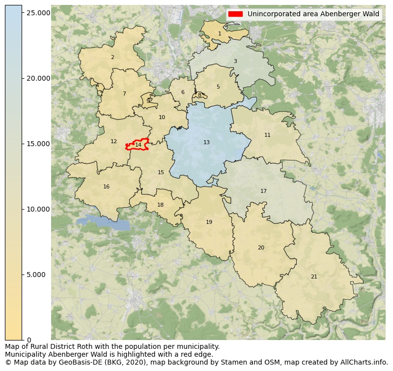 Map of Rural district Roth with the population per municipality.Municipality Abenberger Wald is highlighted with a red edge.. This page shows a lot of information about residents (such as the distribution by age groups, family composition, gender, native or German with an immigration background, ...), homes (numbers, types, price development, use, type of property, ...) and more (car ownership, energy consumption, ...) based on open data from the German Federal Agency for Cartography, the Federal Statistical Office (DESTATIS), the Regional Statistical Offices and various other sources!