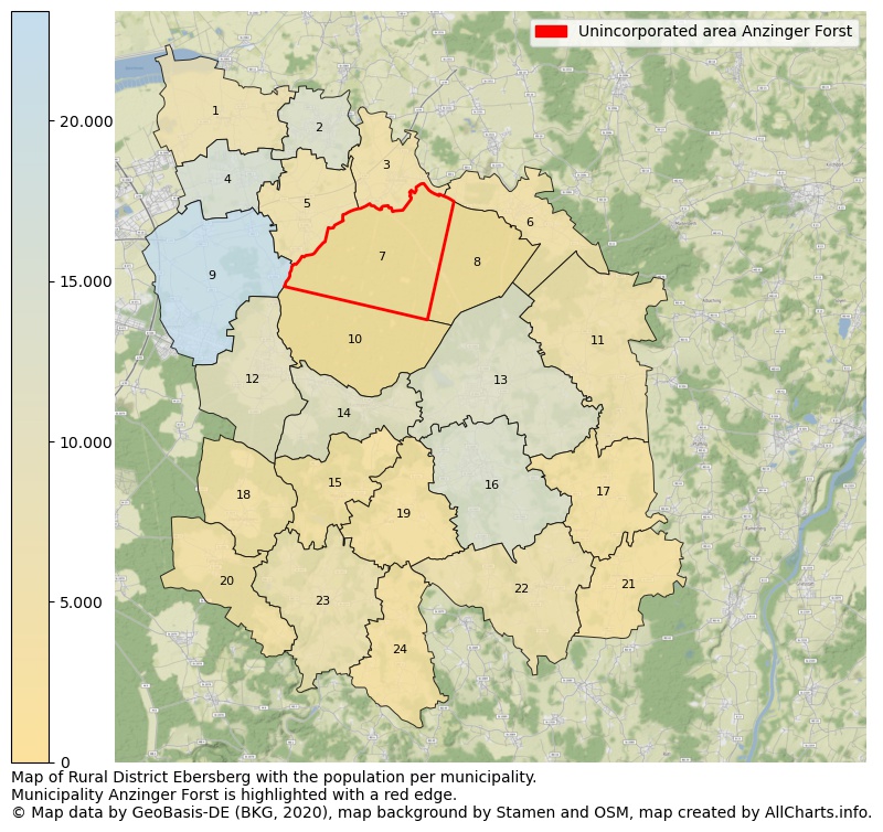 Map of Rural district Ebersberg with the population per municipality.Municipality Anzinger Forst is highlighted with a red edge.. This page shows a lot of information about residents (such as the distribution by age groups, family composition, gender, native or German with an immigration background, ...), homes (numbers, types, price development, use, type of property, ...) and more (car ownership, energy consumption, ...) based on open data from the German Federal Agency for Cartography, the Federal Statistical Office (DESTATIS), the Regional Statistical Offices and various other sources!