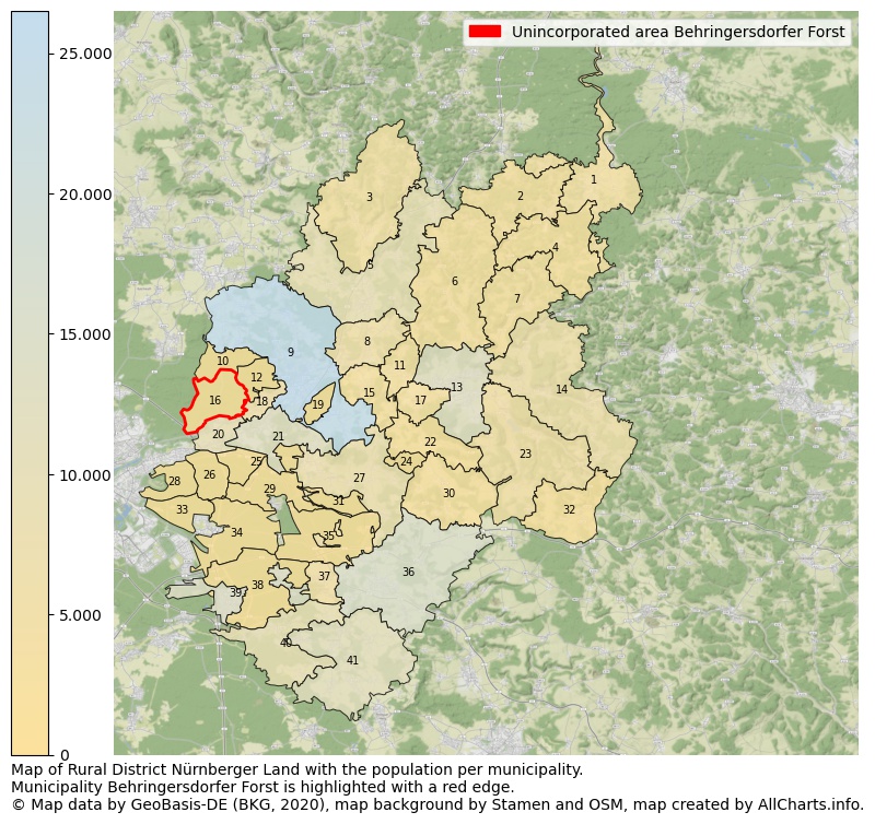 Map of Rural district Nürnberger Land with the population per municipality.Municipality Behringersdorfer Forst is highlighted with a red edge.. This page shows a lot of information about residents (such as the distribution by age groups, family composition, gender, native or German with an immigration background, ...), homes (numbers, types, price development, use, type of property, ...) and more (car ownership, energy consumption, ...) based on open data from the German Federal Agency for Cartography, the Federal Statistical Office (DESTATIS), the Regional Statistical Offices and various other sources!