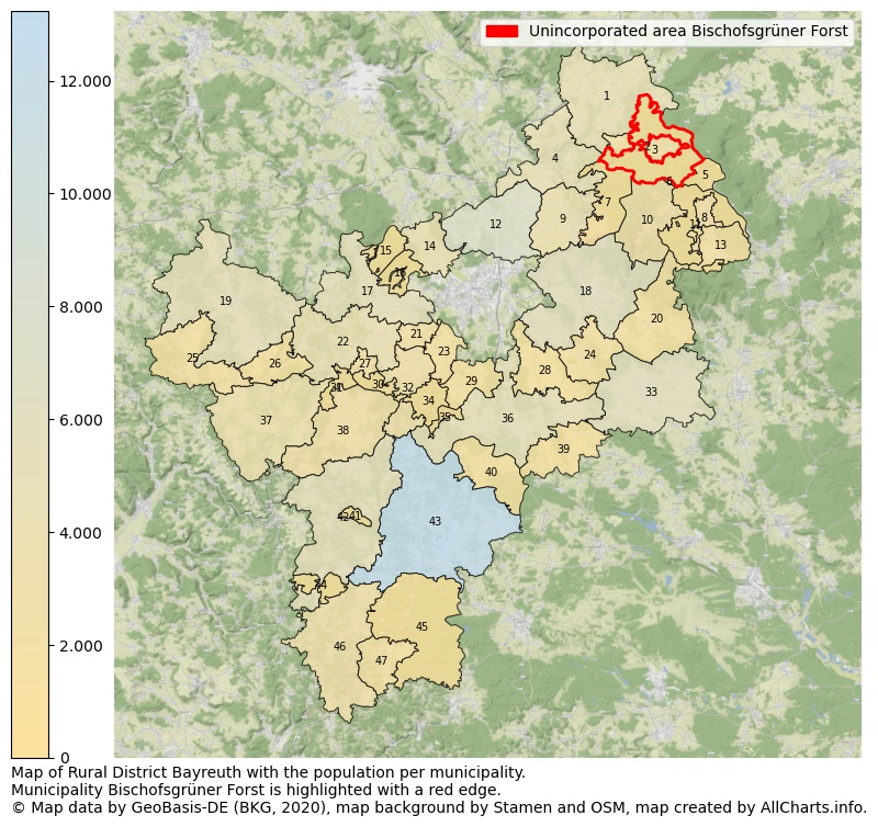 Map of Rural district Bayreuth with the population per municipality.Municipality Bischofsgrüner Forst is highlighted with a red edge.. This page shows a lot of information about residents (such as the distribution by age groups, family composition, gender, native or German with an immigration background, ...), homes (numbers, types, price development, use, type of property, ...) and more (car ownership, energy consumption, ...) based on open data from the German Federal Agency for Cartography, the Federal Statistical Office (DESTATIS), the Regional Statistical Offices and various other sources!