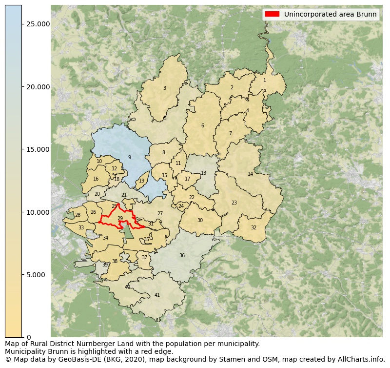 Map of Rural district Nürnberger Land with the population per municipality.Municipality Brunn is highlighted with a red edge.. This page shows a lot of information about residents (such as the distribution by age groups, family composition, gender, native or German with an immigration background, ...), homes (numbers, types, price development, use, type of property, ...) and more (car ownership, energy consumption, ...) based on open data from the German Federal Agency for Cartography, the Federal Statistical Office (DESTATIS), the Regional Statistical Offices and various other sources!