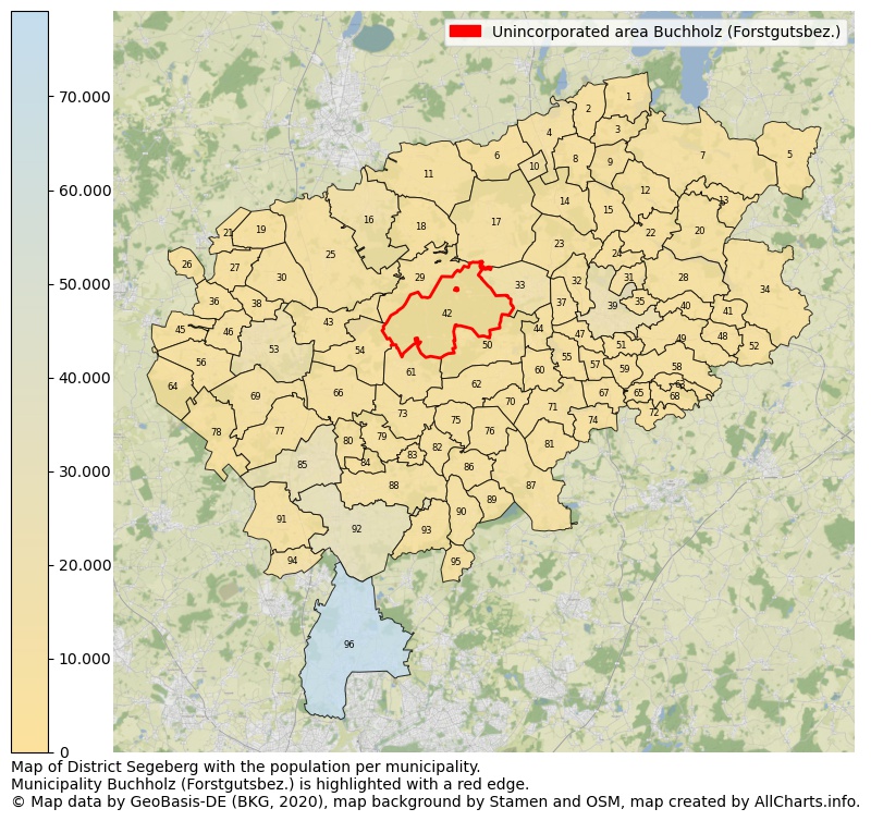 Map of District Segeberg with the population per municipality.Municipality Buchholz (Forstgutsbez.) is highlighted with a red edge.. This page shows a lot of information about residents (such as the distribution by age groups, family composition, gender, native or German with an immigration background, ...), homes (numbers, types, price development, use, type of property, ...) and more (car ownership, energy consumption, ...) based on open data from the German Federal Agency for Cartography, the Federal Statistical Office (DESTATIS), the Regional Statistical Offices and various other sources!