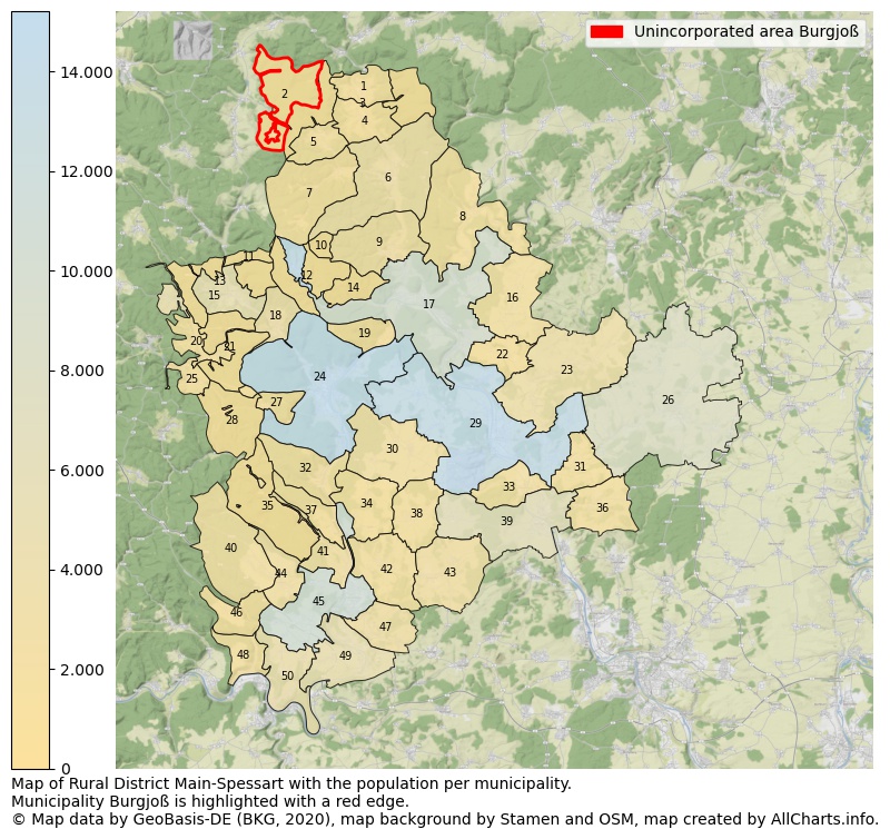 Map of Rural district Main-Spessart with the population per municipality.Municipality Burgjoß is highlighted with a red edge.. This page shows a lot of information about residents (such as the distribution by age groups, family composition, gender, native or German with an immigration background, ...), homes (numbers, types, price development, use, type of property, ...) and more (car ownership, energy consumption, ...) based on open data from the German Federal Agency for Cartography, the Federal Statistical Office (DESTATIS), the Regional Statistical Offices and various other sources!