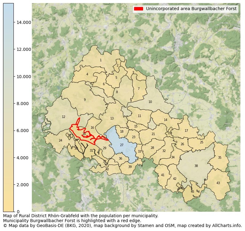 Map of Rural district Rhön-Grabfeld with the population per municipality.Municipality Burgwallbacher Forst is highlighted with a red edge.. This page shows a lot of information about residents (such as the distribution by age groups, family composition, gender, native or German with an immigration background, ...), homes (numbers, types, price development, use, type of property, ...) and more (car ownership, energy consumption, ...) based on open data from the German Federal Agency for Cartography, the Federal Statistical Office (DESTATIS), the Regional Statistical Offices and various other sources!