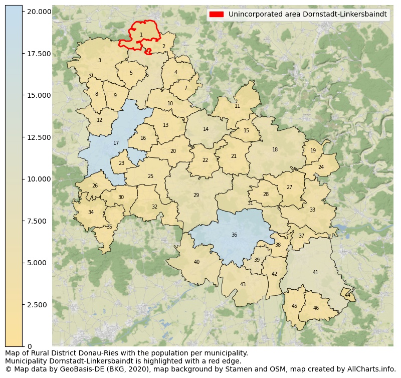 Map of Rural district Donau-Ries with the population per municipality.Municipality Dornstadt-Linkersbaindt is highlighted with a red edge.. This page shows a lot of information about residents (such as the distribution by age groups, family composition, gender, native or German with an immigration background, ...), homes (numbers, types, price development, use, type of property, ...) and more (car ownership, energy consumption, ...) based on open data from the German Federal Agency for Cartography, the Federal Statistical Office (DESTATIS), the Regional Statistical Offices and various other sources!