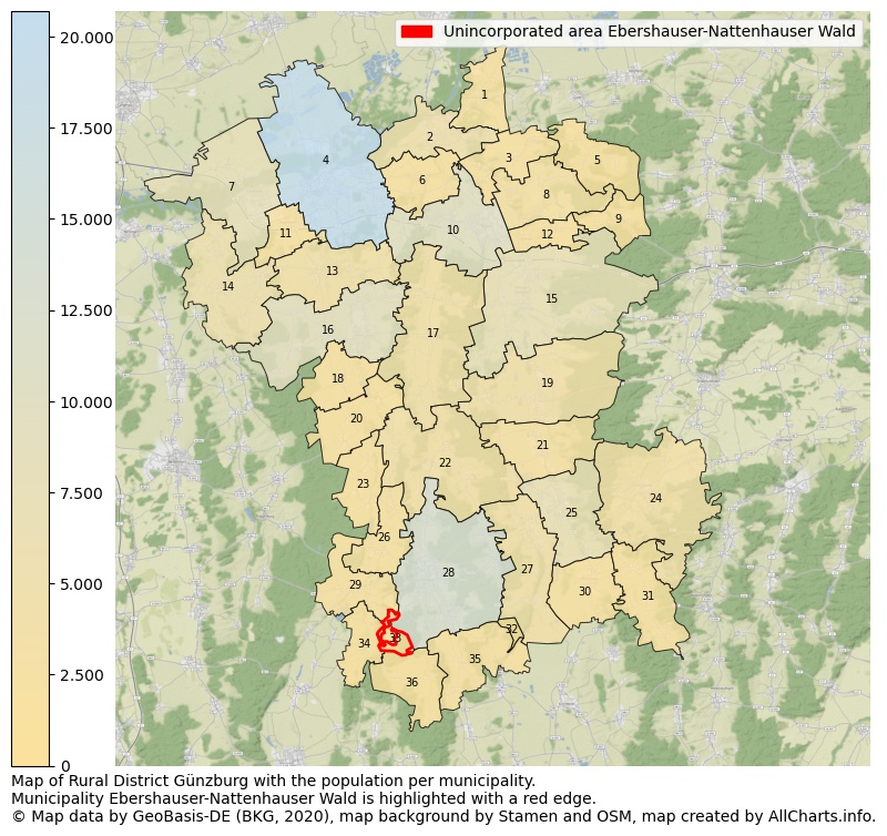 Map of Rural district Günzburg with the population per municipality.Municipality Ebershauser-Nattenhauser Wald is highlighted with a red edge.. This page shows a lot of information about residents (such as the distribution by age groups, family composition, gender, native or German with an immigration background, ...), homes (numbers, types, price development, use, type of property, ...) and more (car ownership, energy consumption, ...) based on open data from the German Federal Agency for Cartography, the Federal Statistical Office (DESTATIS), the Regional Statistical Offices and various other sources!