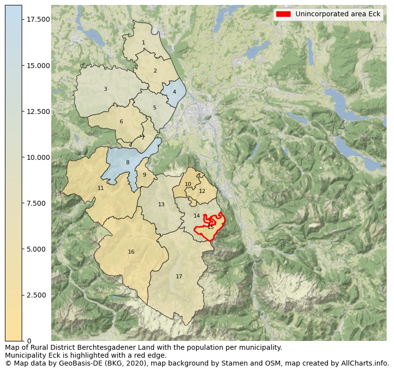 Map of Rural district Berchtesgadener Land with the population per municipality.Municipality Eck is highlighted with a red edge.. This page shows a lot of information about residents (such as the distribution by age groups, family composition, gender, native or German with an immigration background, ...), homes (numbers, types, price development, use, type of property, ...) and more (car ownership, energy consumption, ...) based on open data from the German Federal Agency for Cartography, the Federal Statistical Office (DESTATIS), the Regional Statistical Offices and various other sources!