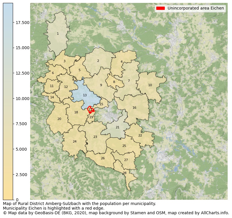 Map of Rural district Amberg-Sulzbach with the population per municipality.Municipality Eichen is highlighted with a red edge.. This page shows a lot of information about residents (such as the distribution by age groups, family composition, gender, native or German with an immigration background, ...), homes (numbers, types, price development, use, type of property, ...) and more (car ownership, energy consumption, ...) based on open data from the German Federal Agency for Cartography, the Federal Statistical Office (DESTATIS), the Regional Statistical Offices and various other sources!