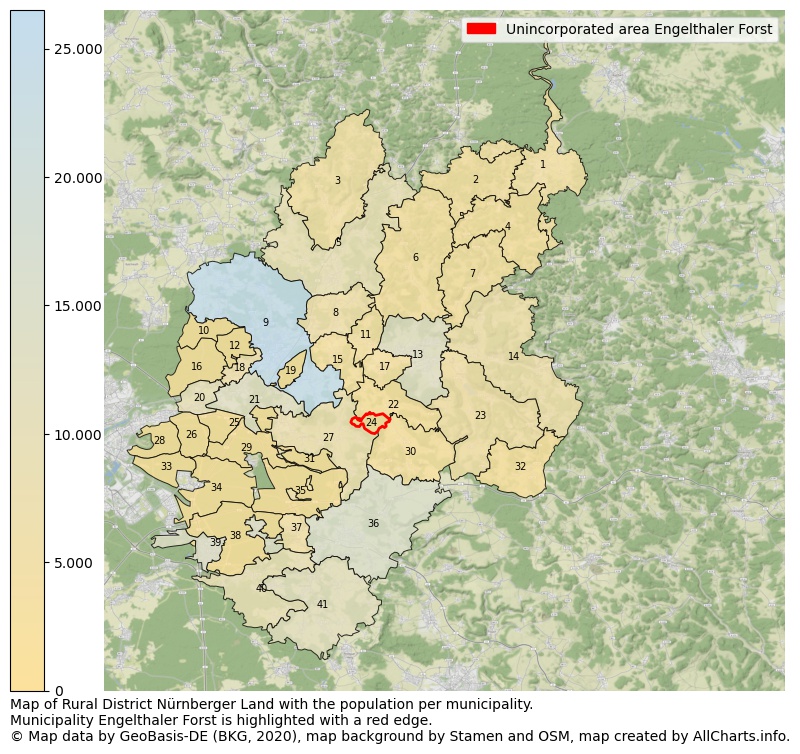 Map of Rural district Nürnberger Land with the population per municipality.Municipality Engelthaler Forst is highlighted with a red edge.. This page shows a lot of information about residents (such as the distribution by age groups, family composition, gender, native or German with an immigration background, ...), homes (numbers, types, price development, use, type of property, ...) and more (car ownership, energy consumption, ...) based on open data from the German Federal Agency for Cartography, the Federal Statistical Office (DESTATIS), the Regional Statistical Offices and various other sources!