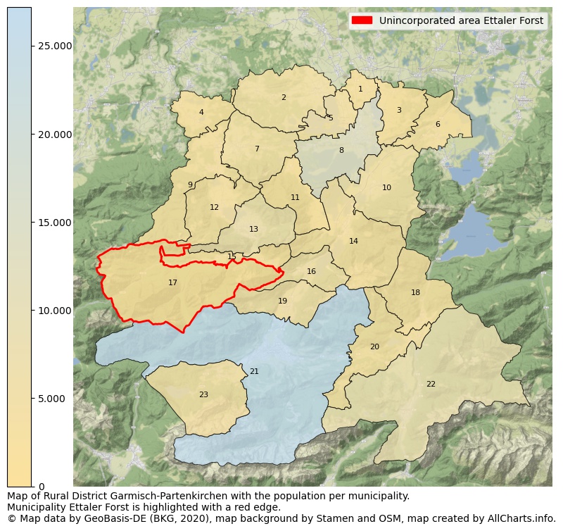 Map of Rural district Garmisch-Partenkirchen with the population per municipality.Municipality Ettaler Forst is highlighted with a red edge.. This page shows a lot of information about residents (such as the distribution by age groups, family composition, gender, native or German with an immigration background, ...), homes (numbers, types, price development, use, type of property, ...) and more (car ownership, energy consumption, ...) based on open data from the German Federal Agency for Cartography, the Federal Statistical Office (DESTATIS), the Regional Statistical Offices and various other sources!