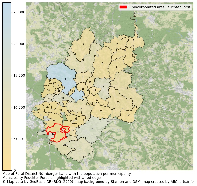 Map of Rural district Nürnberger Land with the population per municipality.Municipality Feuchter Forst is highlighted with a red edge.. This page shows a lot of information about residents (such as the distribution by age groups, family composition, gender, native or German with an immigration background, ...), homes (numbers, types, price development, use, type of property, ...) and more (car ownership, energy consumption, ...) based on open data from the German Federal Agency for Cartography, the Federal Statistical Office (DESTATIS), the Regional Statistical Offices and various other sources!