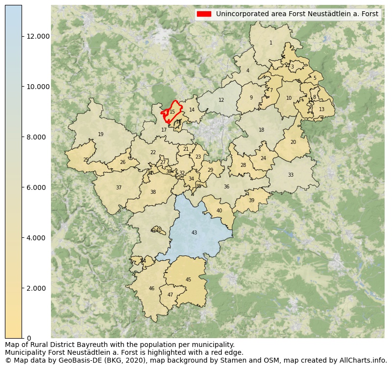 Map of Rural district Bayreuth with the population per municipality.Municipality Forst Neustädtlein a. Forst is highlighted with a red edge.. This page shows a lot of information about residents (such as the distribution by age groups, family composition, gender, native or German with an immigration background, ...), homes (numbers, types, price development, use, type of property, ...) and more (car ownership, energy consumption, ...) based on open data from the German Federal Agency for Cartography, the Federal Statistical Office (DESTATIS), the Regional Statistical Offices and various other sources!