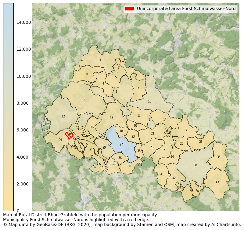 Map of Rural district Rhön-Grabfeld with the population per municipality.Municipality Forst Schmalwasser-Nord is highlighted with a red edge.. This page shows a lot of information about residents (such as the distribution by age groups, family composition, gender, native or German with an immigration background, ...), homes (numbers, types, price development, use, type of property, ...) and more (car ownership, energy consumption, ...) based on open data from the German Federal Agency for Cartography, the Federal Statistical Office (DESTATIS), the Regional Statistical Offices and various other sources!