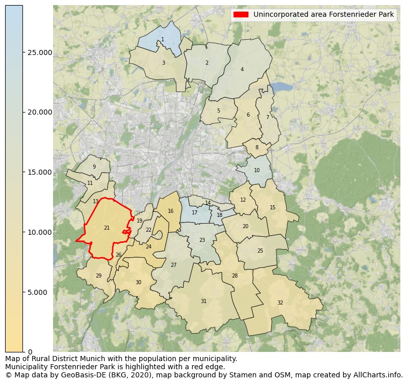 Map of Rural district Munich with the population per municipality.Municipality Forstenrieder Park is highlighted with a red edge.. This page shows a lot of information about residents (such as the distribution by age groups, family composition, gender, native or German with an immigration background, ...), homes (numbers, types, price development, use, type of property, ...) and more (car ownership, energy consumption, ...) based on open data from the German Federal Agency for Cartography, the Federal Statistical Office (DESTATIS), the Regional Statistical Offices and various other sources!