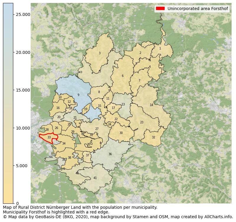 Map of Rural district Nürnberger Land with the population per municipality.Municipality Forsthof is highlighted with a red edge.. This page shows a lot of information about residents (such as the distribution by age groups, family composition, gender, native or German with an immigration background, ...), homes (numbers, types, price development, use, type of property, ...) and more (car ownership, energy consumption, ...) based on open data from the German Federal Agency for Cartography, the Federal Statistical Office (DESTATIS), the Regional Statistical Offices and various other sources!