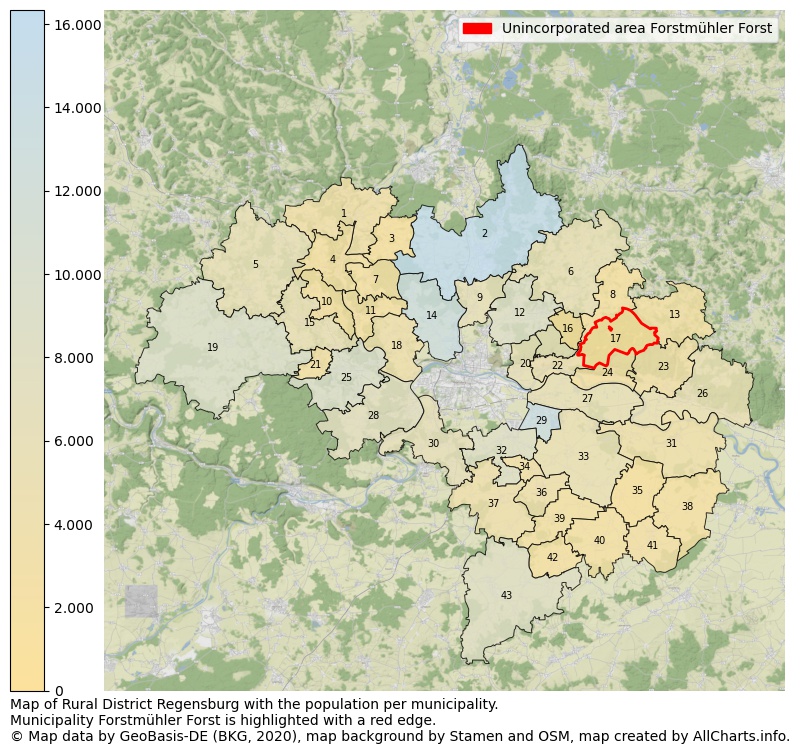 Map of Rural district Regensburg with the population per municipality.Municipality Forstmühler Forst is highlighted with a red edge.. This page shows a lot of information about residents (such as the distribution by age groups, family composition, gender, native or German with an immigration background, ...), homes (numbers, types, price development, use, type of property, ...) and more (car ownership, energy consumption, ...) based on open data from the German Federal Agency for Cartography, the Federal Statistical Office (DESTATIS), the Regional Statistical Offices and various other sources!