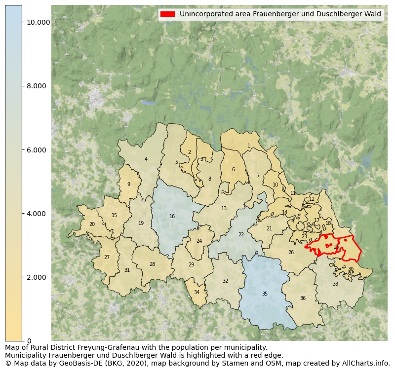 Map of Rural district Freyung-Grafenau with the population per municipality.Municipality Frauenberger und Duschlberger Wald is highlighted with a red edge.. This page shows a lot of information about residents (such as the distribution by age groups, family composition, gender, native or German with an immigration background, ...), homes (numbers, types, price development, use, type of property, ...) and more (car ownership, energy consumption, ...) based on open data from the German Federal Agency for Cartography, the Federal Statistical Office (DESTATIS), the Regional Statistical Offices and various other sources!