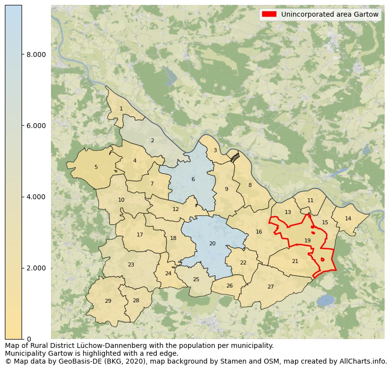 Map of Rural district Lüchow-Dannenberg with the population per municipality.Municipality Gartow is highlighted with a red edge.. This page shows a lot of information about residents (such as the distribution by age groups, family composition, gender, native or German with an immigration background, ...), homes (numbers, types, price development, use, type of property, ...) and more (car ownership, energy consumption, ...) based on open data from the German Federal Agency for Cartography, the Federal Statistical Office (DESTATIS), the Regional Statistical Offices and various other sources!