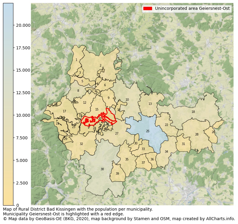 Map of Rural district Bad Kissingen with the population per municipality.Municipality Geiersnest-Ost is highlighted with a red edge.. This page shows a lot of information about residents (such as the distribution by age groups, family composition, gender, native or German with an immigration background, ...), homes (numbers, types, price development, use, type of property, ...) and more (car ownership, energy consumption, ...) based on open data from the German Federal Agency for Cartography, the Federal Statistical Office (DESTATIS), the Regional Statistical Offices and various other sources!