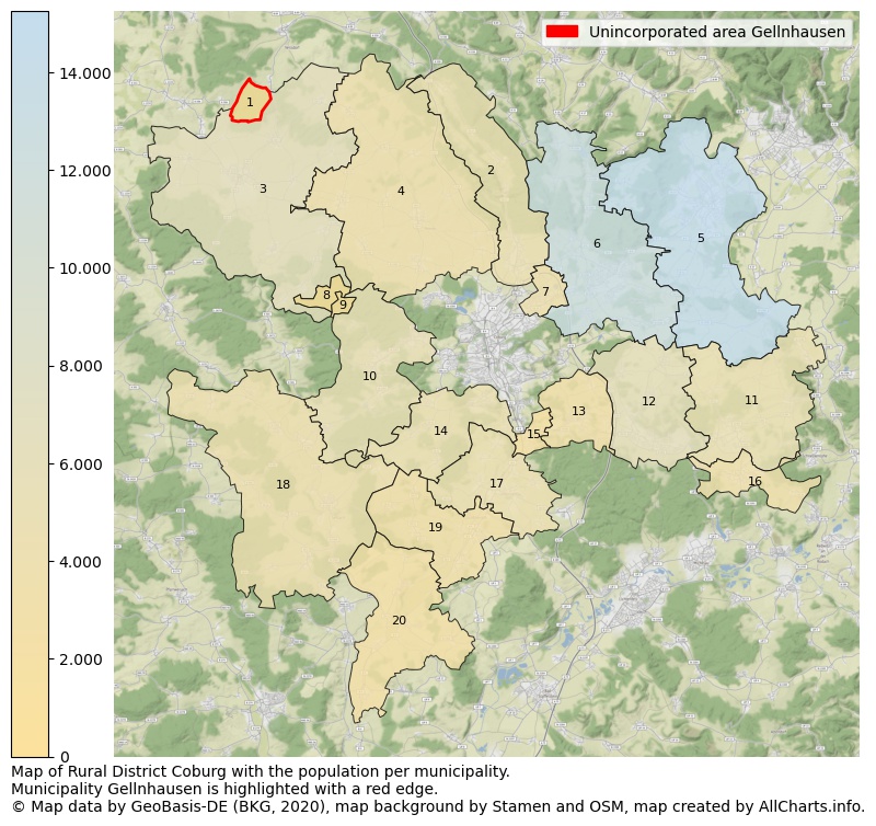 Map of Rural district Coburg with the population per municipality.Municipality Gellnhausen is highlighted with a red edge.. This page shows a lot of information about residents (such as the distribution by age groups, family composition, gender, native or German with an immigration background, ...), homes (numbers, types, price development, use, type of property, ...) and more (car ownership, energy consumption, ...) based on open data from the German Federal Agency for Cartography, the Federal Statistical Office (DESTATIS), the Regional Statistical Offices and various other sources!