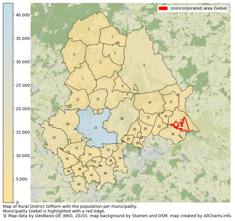 Map of Rural district Gifhorn with the population per municipality.Municipality Giebel is highlighted with a red edge.. This page shows a lot of information about residents (such as the distribution by age groups, family composition, gender, native or German with an immigration background, ...), homes (numbers, types, price development, use, type of property, ...) and more (car ownership, energy consumption, ...) based on open data from the German Federal Agency for Cartography, the Federal Statistical Office (DESTATIS), the Regional Statistical Offices and various other sources!