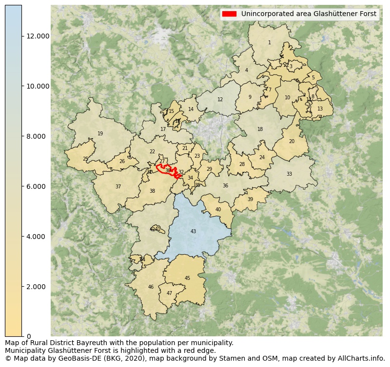 Map of Rural district Bayreuth with the population per municipality.Municipality Glashüttener Forst is highlighted with a red edge.. This page shows a lot of information about residents (such as the distribution by age groups, family composition, gender, native or German with an immigration background, ...), homes (numbers, types, price development, use, type of property, ...) and more (car ownership, energy consumption, ...) based on open data from the German Federal Agency for Cartography, the Federal Statistical Office (DESTATIS), the Regional Statistical Offices and various other sources!