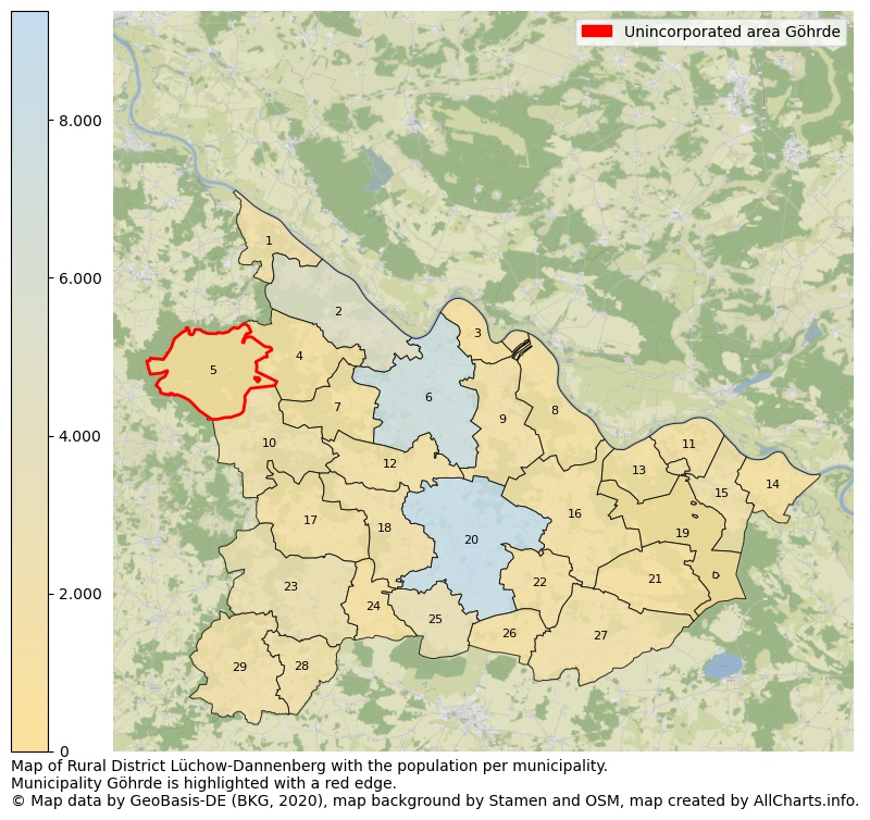 Map of Rural district Lüchow-Dannenberg with the population per municipality.Municipality Göhrde is highlighted with a red edge.. This page shows a lot of information about residents (such as the distribution by age groups, family composition, gender, native or German with an immigration background, ...), homes (numbers, types, price development, use, type of property, ...) and more (car ownership, energy consumption, ...) based on open data from the German Federal Agency for Cartography, the Federal Statistical Office (DESTATIS), the Regional Statistical Offices and various other sources!