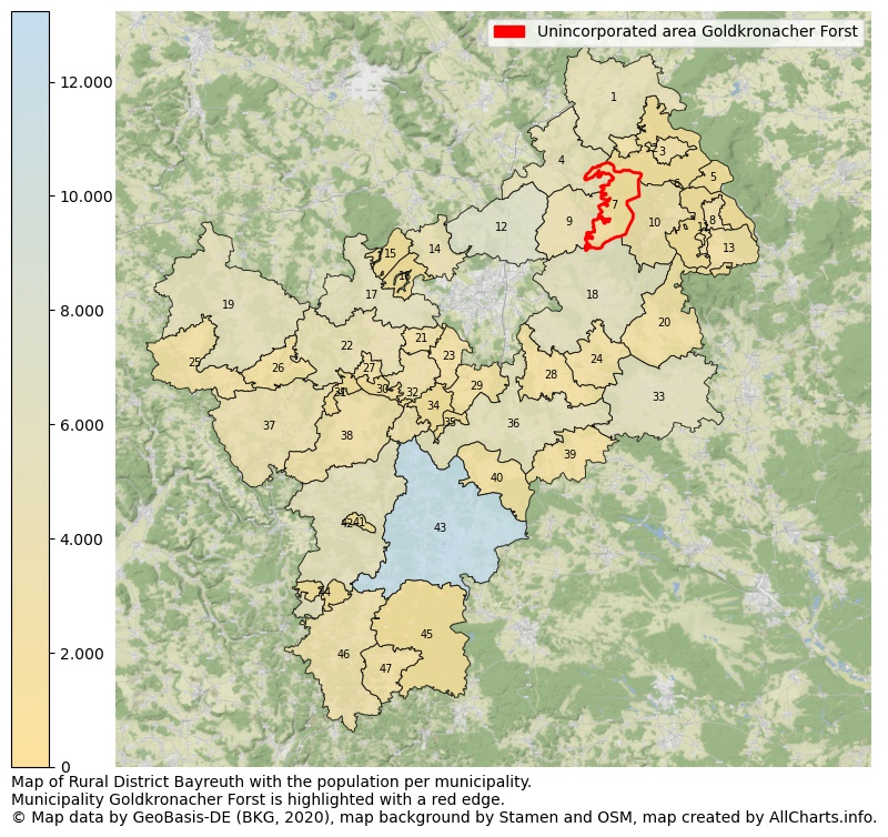 Map of Rural district Bayreuth with the population per municipality.Municipality Goldkronacher Forst is highlighted with a red edge.. This page shows a lot of information about residents (such as the distribution by age groups, family composition, gender, native or German with an immigration background, ...), homes (numbers, types, price development, use, type of property, ...) and more (car ownership, energy consumption, ...) based on open data from the German Federal Agency for Cartography, the Federal Statistical Office (DESTATIS), the Regional Statistical Offices and various other sources!