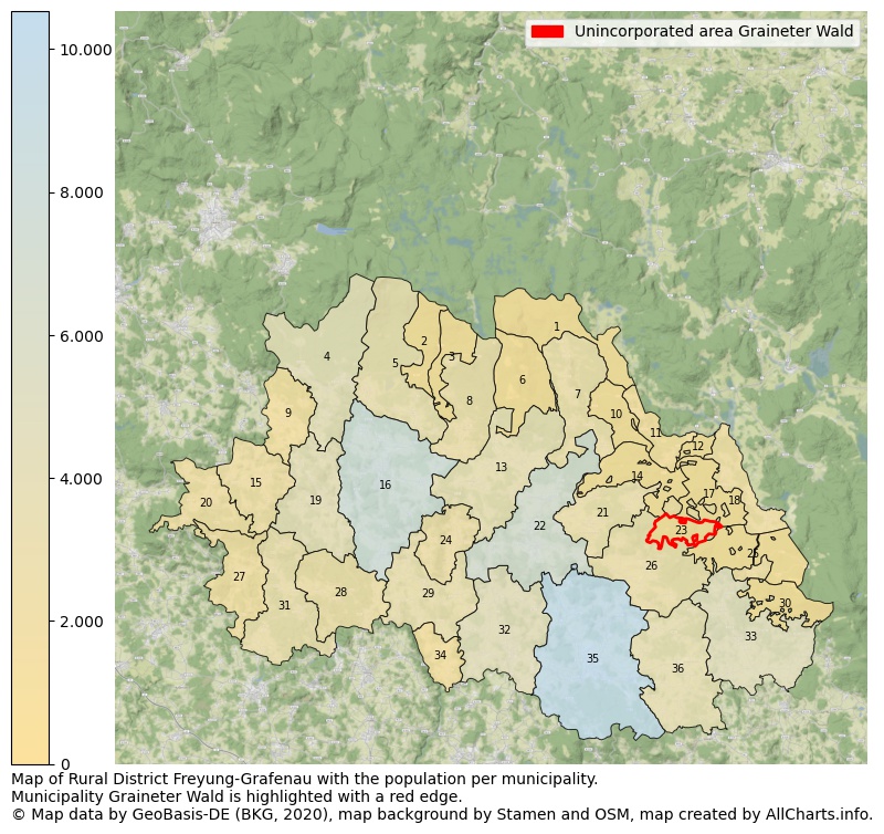 Map of Rural district Freyung-Grafenau with the population per municipality.Municipality Graineter Wald is highlighted with a red edge.. This page shows a lot of information about residents (such as the distribution by age groups, family composition, gender, native or German with an immigration background, ...), homes (numbers, types, price development, use, type of property, ...) and more (car ownership, energy consumption, ...) based on open data from the German Federal Agency for Cartography, the Federal Statistical Office (DESTATIS), the Regional Statistical Offices and various other sources!