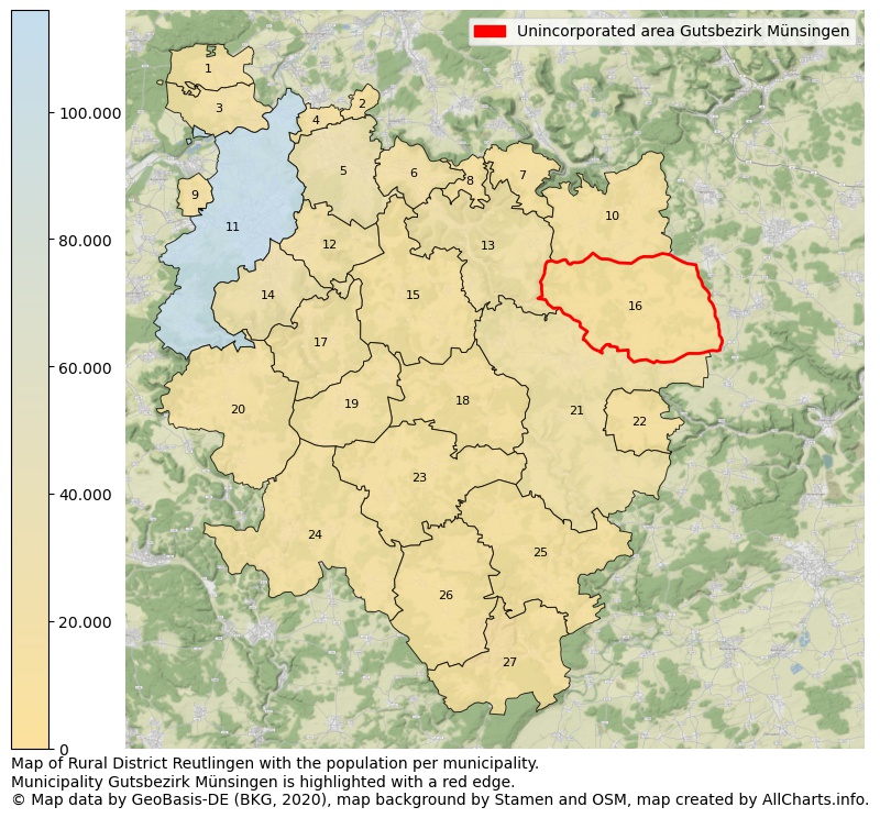 Map of Rural district Reutlingen with the population per municipality.Municipality Gutsbezirk Münsingen is highlighted with a red edge.. This page shows a lot of information about residents (such as the distribution by age groups, family composition, gender, native or German with an immigration background, ...), homes (numbers, types, price development, use, type of property, ...) and more (car ownership, energy consumption, ...) based on open data from the German Federal Agency for Cartography, the Federal Statistical Office (DESTATIS), the Regional Statistical Offices and various other sources!