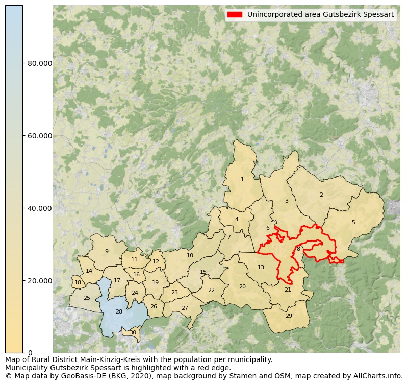 Map of Rural district Main-Kinzig-Kreis with the population per municipality.Municipality Gutsbezirk Spessart is highlighted with a red edge.. This page shows a lot of information about residents (such as the distribution by age groups, family composition, gender, native or German with an immigration background, ...), homes (numbers, types, price development, use, type of property, ...) and more (car ownership, energy consumption, ...) based on open data from the German Federal Agency for Cartography, the Federal Statistical Office (DESTATIS), the Regional Statistical Offices and various other sources!