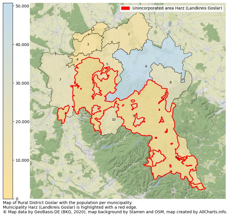 Map of Rural district Goslar with the population per municipality.Municipality Harz (Landkreis Goslar) is highlighted with a red edge.. This page shows a lot of information about residents (such as the distribution by age groups, family composition, gender, native or German with an immigration background, ...), homes (numbers, types, price development, use, type of property, ...) and more (car ownership, energy consumption, ...) based on open data from the German Federal Agency for Cartography, the Federal Statistical Office (DESTATIS), the Regional Statistical Offices and various other sources!