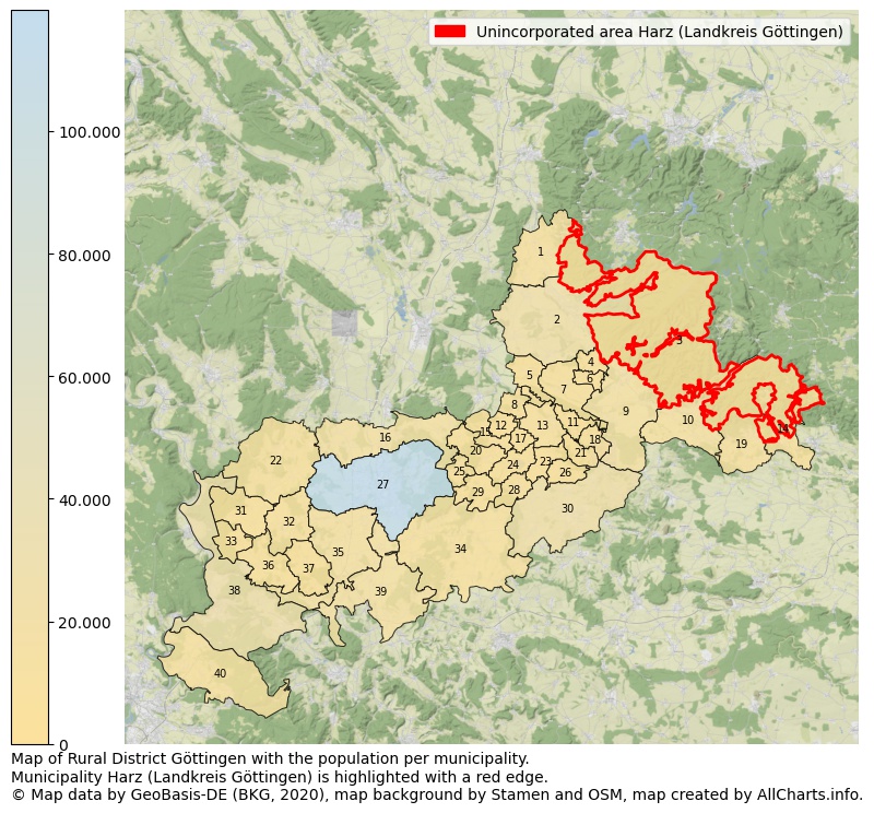 Map of Rural district Göttingen with the population per municipality.Municipality Harz (Landkreis Göttingen) is highlighted with a red edge.. This page shows a lot of information about residents (such as the distribution by age groups, family composition, gender, native or German with an immigration background, ...), homes (numbers, types, price development, use, type of property, ...) and more (car ownership, energy consumption, ...) based on open data from the German Federal Agency for Cartography, the Federal Statistical Office (DESTATIS), the Regional Statistical Offices and various other sources!