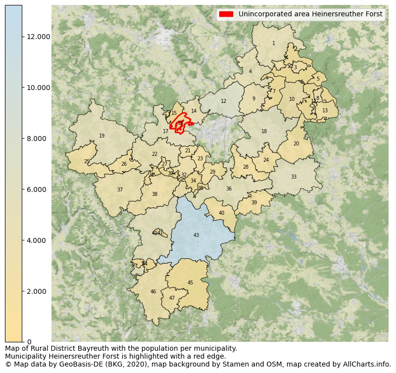 Map of Rural district Bayreuth with the population per municipality.Municipality Heinersreuther Forst is highlighted with a red edge.. This page shows a lot of information about residents (such as the distribution by age groups, family composition, gender, native or German with an immigration background, ...), homes (numbers, types, price development, use, type of property, ...) and more (car ownership, energy consumption, ...) based on open data from the German Federal Agency for Cartography, the Federal Statistical Office (DESTATIS), the Regional Statistical Offices and various other sources!