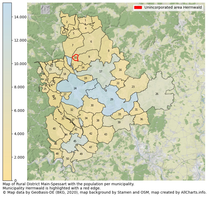 Map of Rural district Main-Spessart with the population per municipality.Municipality Herrnwald is highlighted with a red edge.. This page shows a lot of information about residents (such as the distribution by age groups, family composition, gender, native or German with an immigration background, ...), homes (numbers, types, price development, use, type of property, ...) and more (car ownership, energy consumption, ...) based on open data from the German Federal Agency for Cartography, the Federal Statistical Office (DESTATIS), the Regional Statistical Offices and various other sources!