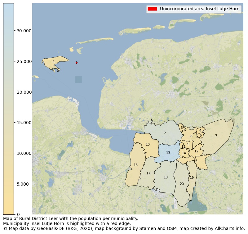 Map of Rural district Leer with the population per municipality.Municipality Insel Lütje Hörn is highlighted with a red edge.. This page shows a lot of information about residents (such as the distribution by age groups, family composition, gender, native or German with an immigration background, ...), homes (numbers, types, price development, use, type of property, ...) and more (car ownership, energy consumption, ...) based on open data from the German Federal Agency for Cartography, the Federal Statistical Office (DESTATIS), the Regional Statistical Offices and various other sources!