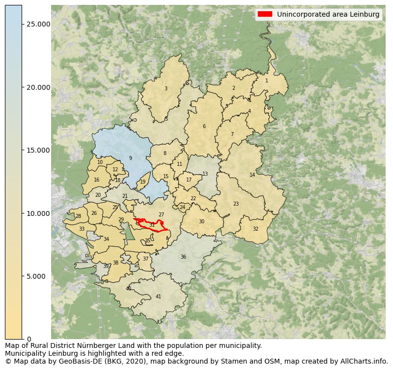 Map of Rural district Nürnberger Land with the population per municipality.Municipality Leinburg is highlighted with a red edge.. This page shows a lot of information about residents (such as the distribution by age groups, family composition, gender, native or German with an immigration background, ...), homes (numbers, types, price development, use, type of property, ...) and more (car ownership, energy consumption, ...) based on open data from the German Federal Agency for Cartography, the Federal Statistical Office (DESTATIS), the Regional Statistical Offices and various other sources!