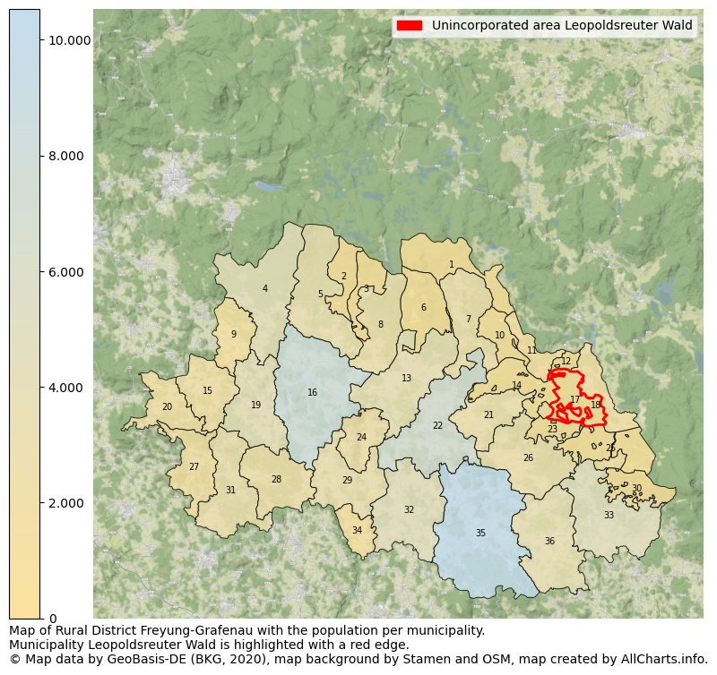 Map of Rural district Freyung-Grafenau with the population per municipality.Municipality Leopoldsreuter Wald is highlighted with a red edge.. This page shows a lot of information about residents (such as the distribution by age groups, family composition, gender, native or German with an immigration background, ...), homes (numbers, types, price development, use, type of property, ...) and more (car ownership, energy consumption, ...) based on open data from the German Federal Agency for Cartography, the Federal Statistical Office (DESTATIS), the Regional Statistical Offices and various other sources!