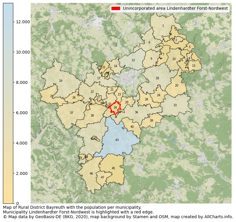 Map of Rural district Bayreuth with the population per municipality.Municipality Lindenhardter Forst-Nordwest is highlighted with a red edge.. This page shows a lot of information about residents (such as the distribution by age groups, family composition, gender, native or German with an immigration background, ...), homes (numbers, types, price development, use, type of property, ...) and more (car ownership, energy consumption, ...) based on open data from the German Federal Agency for Cartography, the Federal Statistical Office (DESTATIS), the Regional Statistical Offices and various other sources!