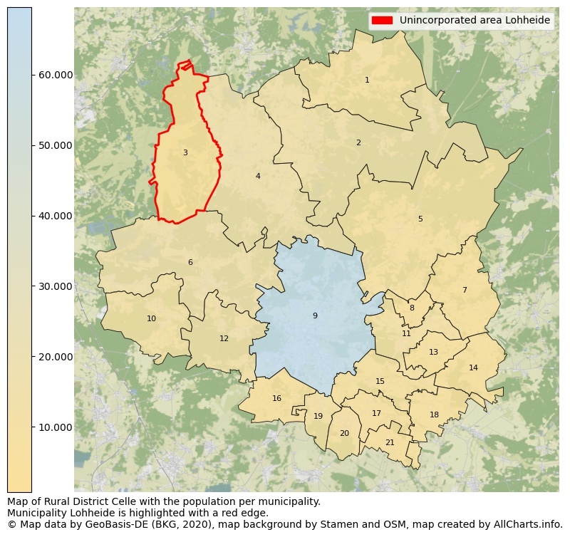 Map of Rural district Celle with the population per municipality.Municipality Lohheide is highlighted with a red edge.. This page shows a lot of information about residents (such as the distribution by age groups, family composition, gender, native or German with an immigration background, ...), homes (numbers, types, price development, use, type of property, ...) and more (car ownership, energy consumption, ...) based on open data from the German Federal Agency for Cartography, the Federal Statistical Office (DESTATIS), the Regional Statistical Offices and various other sources!