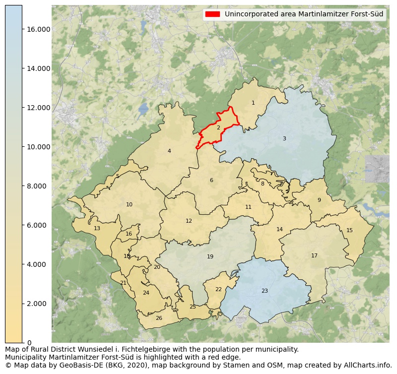 Map of Rural district Wunsiedel i. Fichtelgebirge with the population per municipality.Municipality Martinlamitzer Forst-Süd is highlighted with a red edge.. This page shows a lot of information about residents (such as the distribution by age groups, family composition, gender, native or German with an immigration background, ...), homes (numbers, types, price development, use, type of property, ...) and more (car ownership, energy consumption, ...) based on open data from the German Federal Agency for Cartography, the Federal Statistical Office (DESTATIS), the Regional Statistical Offices and various other sources!