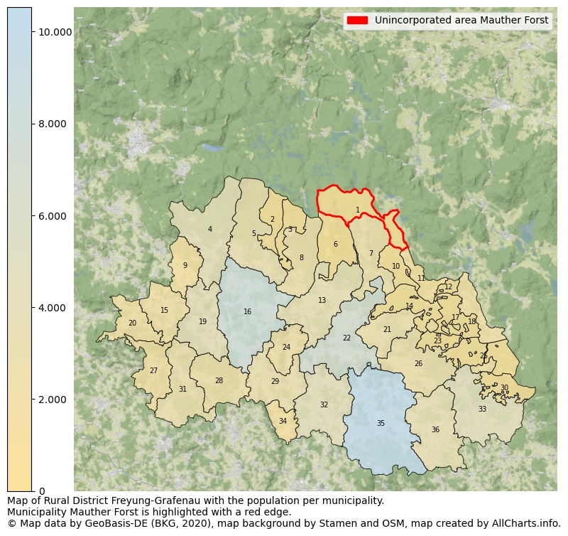 Map of Rural district Freyung-Grafenau with the population per municipality.Municipality Mauther Forst is highlighted with a red edge.. This page shows a lot of information about residents (such as the distribution by age groups, family composition, gender, native or German with an immigration background, ...), homes (numbers, types, price development, use, type of property, ...) and more (car ownership, energy consumption, ...) based on open data from the German Federal Agency for Cartography, the Federal Statistical Office (DESTATIS), the Regional Statistical Offices and various other sources!